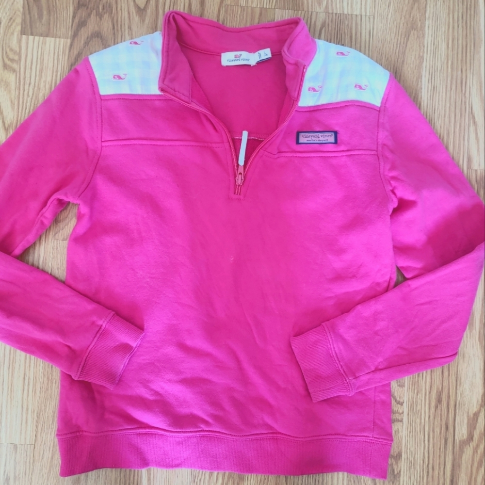Vineyard Vines Girls Hot Pink Quarter-Zip Sweatshirt with Whale Yoke